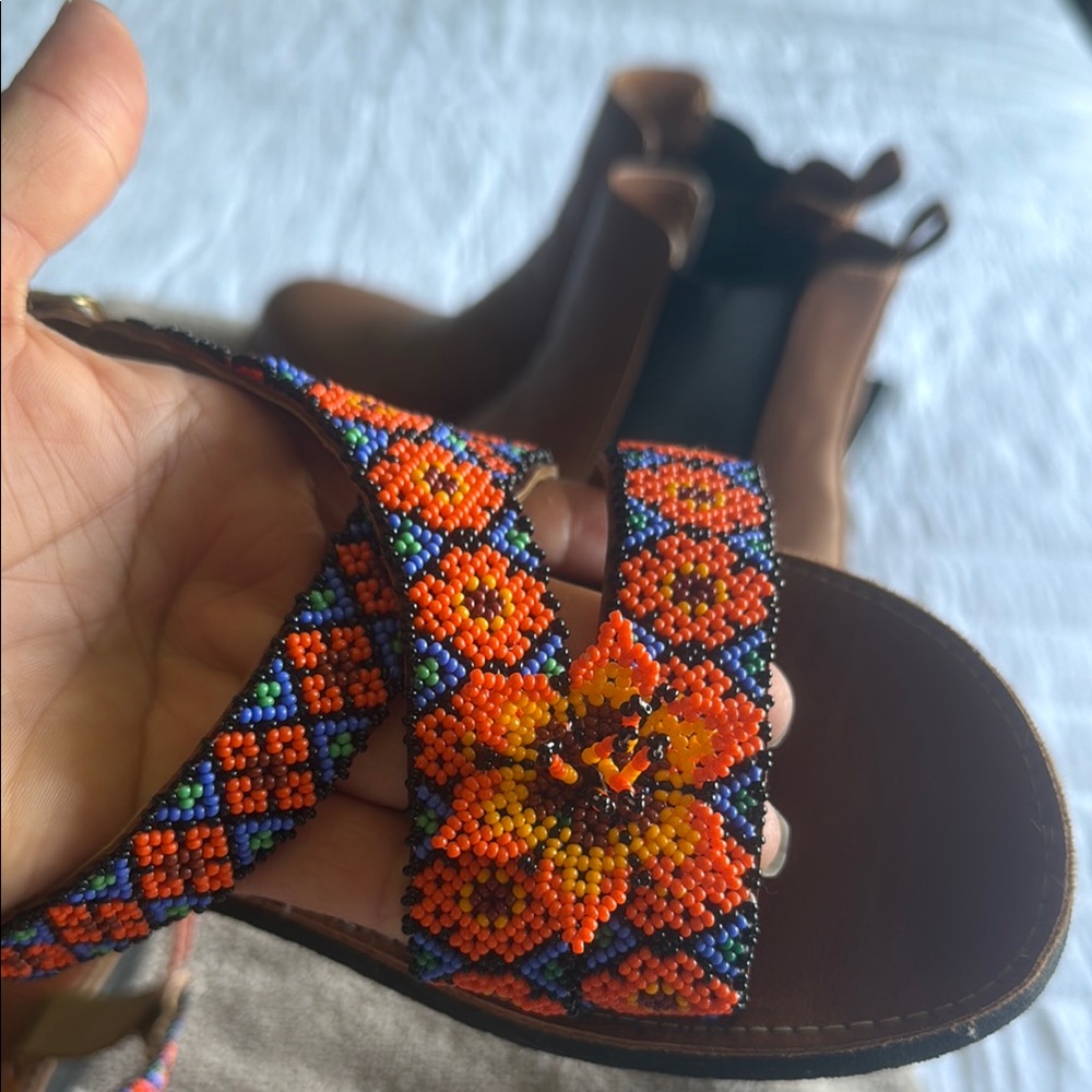 Handcrafted Beaded Sandals - Orange and Blue